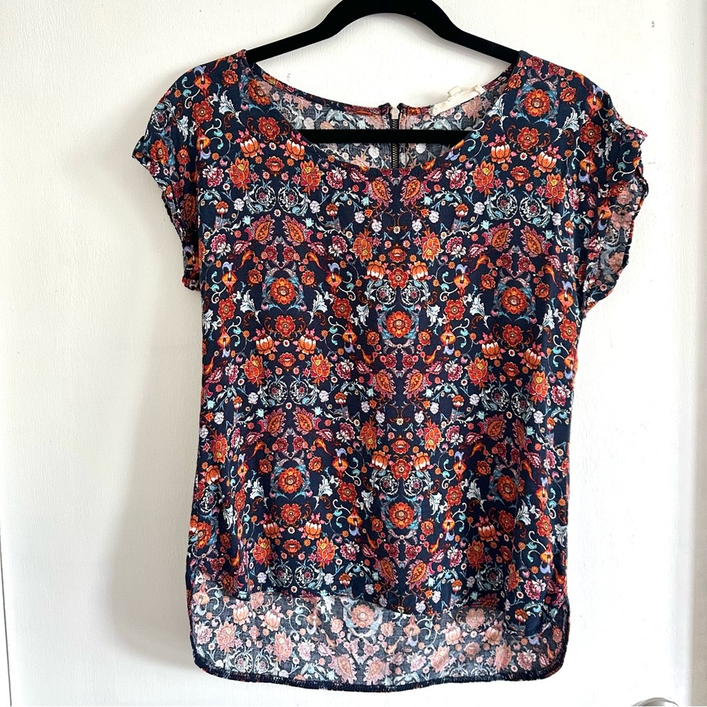 Hippie Rose Floral Graphic Shortsleeve Southwest Boho Shirt Blouse Women’s SMALL